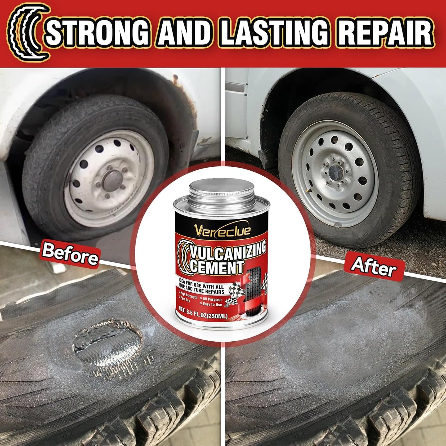 Chemical Vulcanizing Cement, Clear Tire Repair Glue, All Purpose Rubber Cement, Heavy Duty Tire Patch Kit with Brush Top Can for Car, Motorcycle, Bike, 8.5Oz
