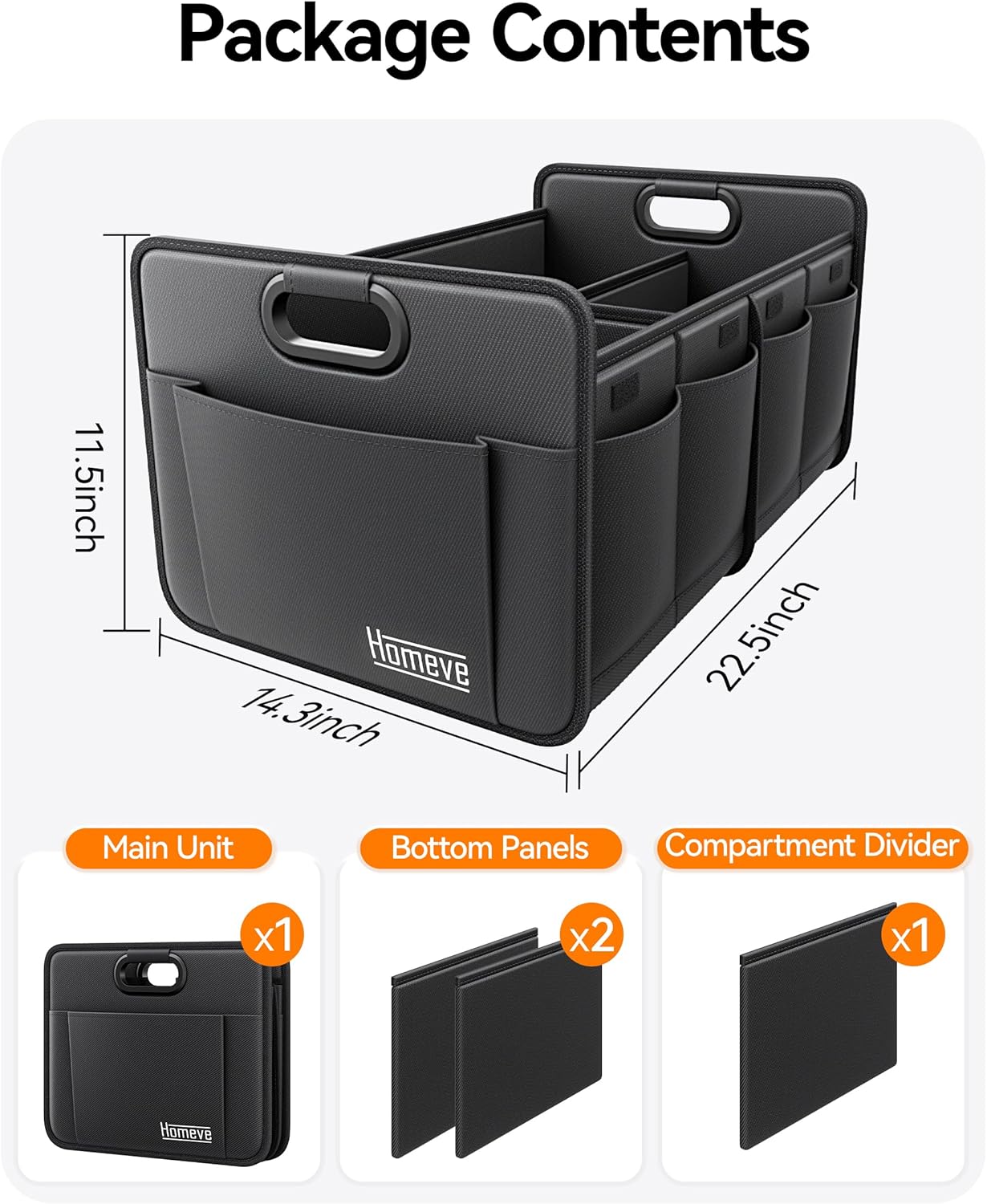 Homeve Car Trunk Organizer for SUV, 18.5Gal Large Capacity No-Sag Heavy Duty, Foldable Waterproof Anti-Slip Storage with 12 Pockets, Fit Sedan,Truck, Universal Car Accessories, Black, Large, 2 Compart