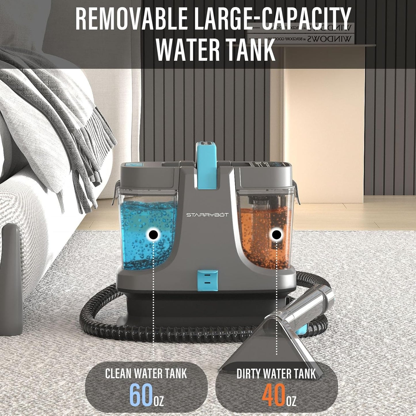 Starrybot Portable Carpet Cleaner Machine with Steam and Heating Techology,18Kpa Powerful Suction with Versatile Tools for Pets, Couch,Spot Cleaner for Stairs/Furniture/Rug(Gray)(AC0205)