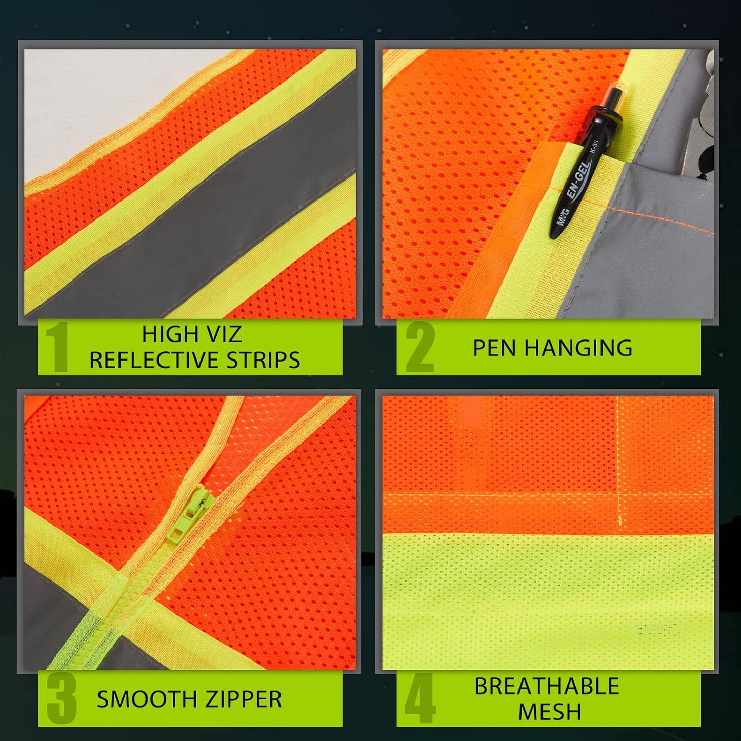 High Visibility Reflective Safety Vest with Zipper and Pockets Orange,M