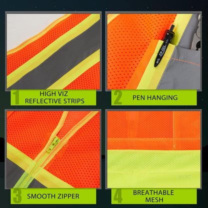 High Visibility Reflective Safety Vest with Zipper and Pockets Orange,M
