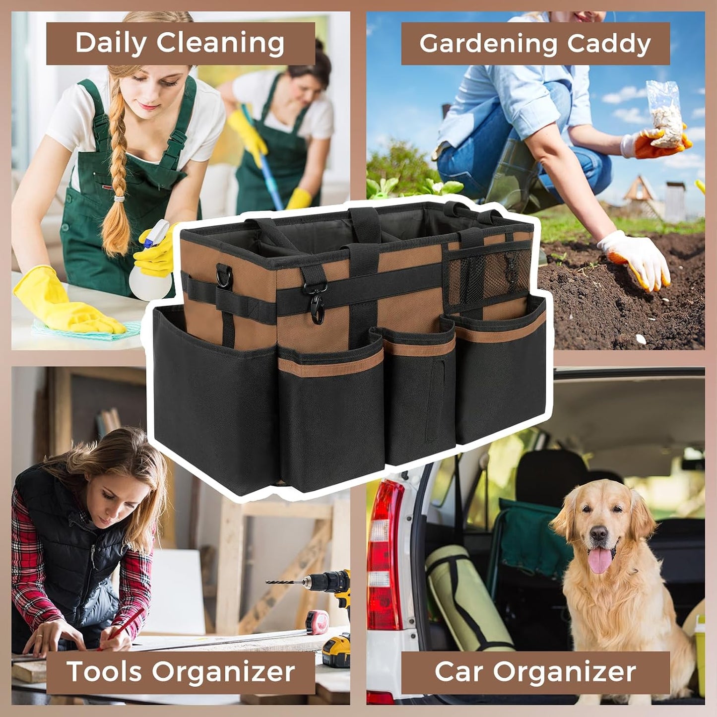 SCAVATA Wearable Cleaning Caddy Organizer with Handle & Shoulder Straps for Housekeepers, Under Sink & Car Cleaning Tool Organizer Bag with 4 Foldable Dividers (Green)