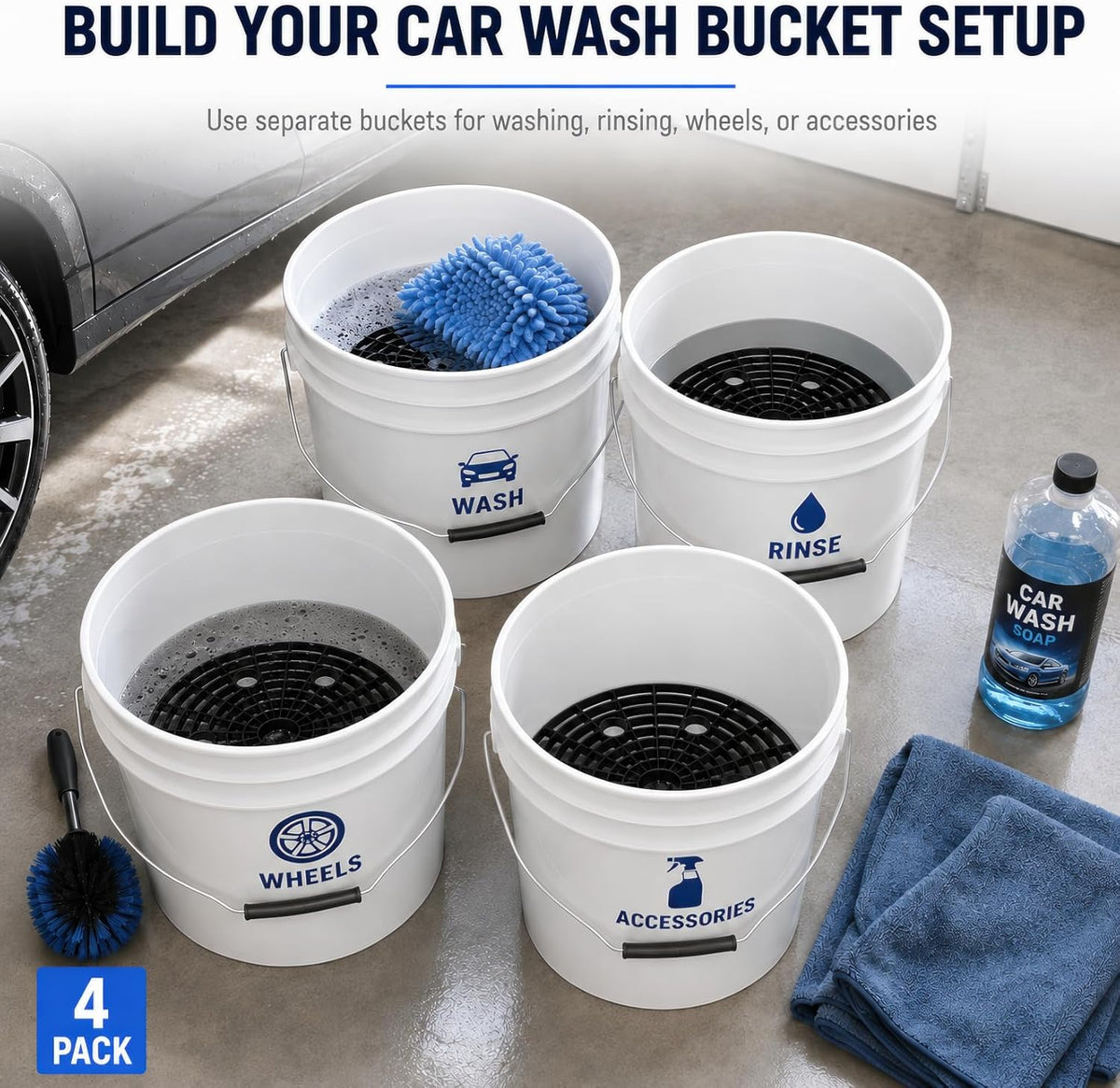 Kingrol 4 Pack Car Wash Bucket Grit Guard Inserts, 10.24" Automotive Bucket Dirt Trap for 3-5 Gallon Buckets, Wash Mitt Grit Separator with Finger Holes for Car Detailing, Black