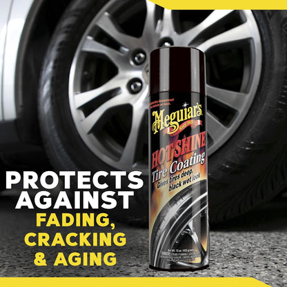 Meguiar's Hot Shine High Gloss Tire Coating, 6 Pack (6 x 15 oz = 90 oz Total) Aerosol Tire Shine Spray for Deep Black Wet Look Tires on Cars Trucks and SUVs After Car Wash Detailing