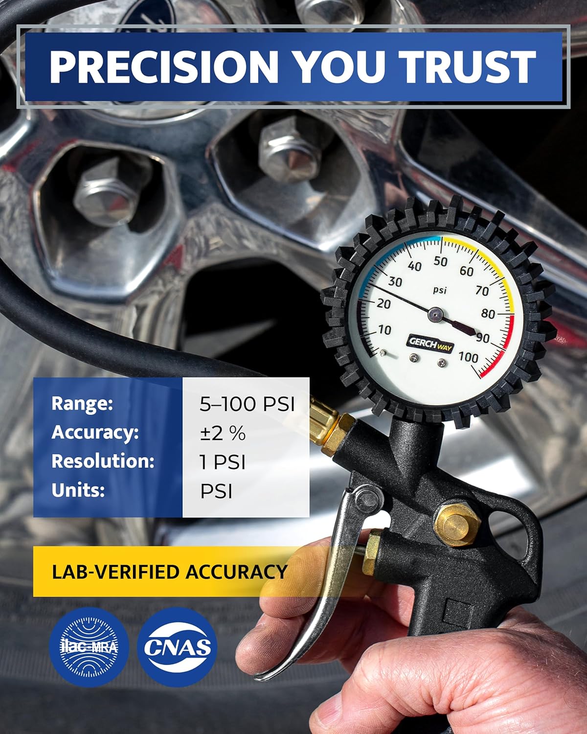 Tire Inflator with Pressure Gauge and Longer Hose - Most Accurate, Heavy Duty Air Chuck with Gauge for Air Compressor Tire Inflator Attachment - 100PSI