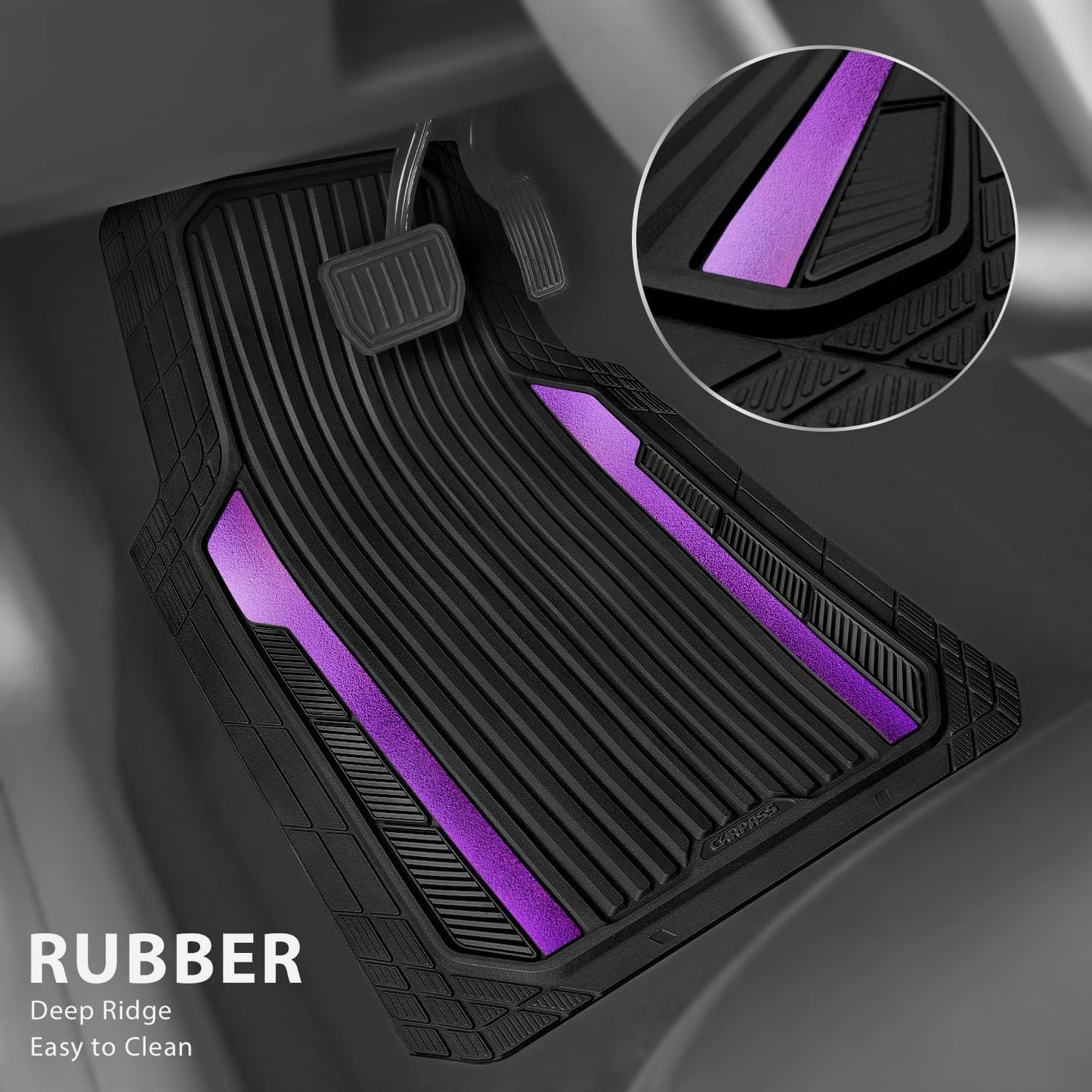 CAR PASS Heavy Duty Rubber Car Mats Metallic, Aluminum Film All Weather Floor Mats Waterproof Universal Trim to Fit Automotive SUV Sedan Van 4 Piece Anodized Deep Dish Two-Tone Sporty Black Red Chrome