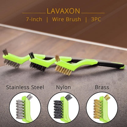 Lavaxon Wire Brush Set 3Pcs - Nylon/Brass/Stainless Steel Bristles with Curved Handle Grip for Rust, Dirt & Paint Scrubbing with Deep Cleaning – 7 Inches (Red)