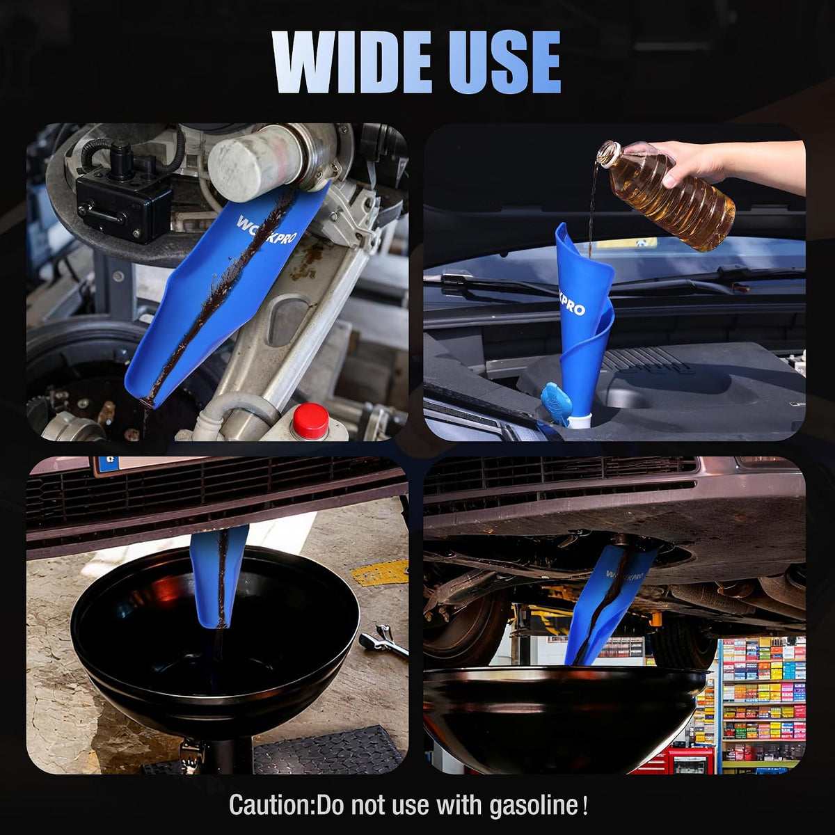 WORKPRO Flexible Oil Funnel for Automotive Use, Foldable Oil Drain Tool for Quick and Clean Oil Changes, Featuring a Thicker Silica Gel for Durability and Maintains Shape-Blue