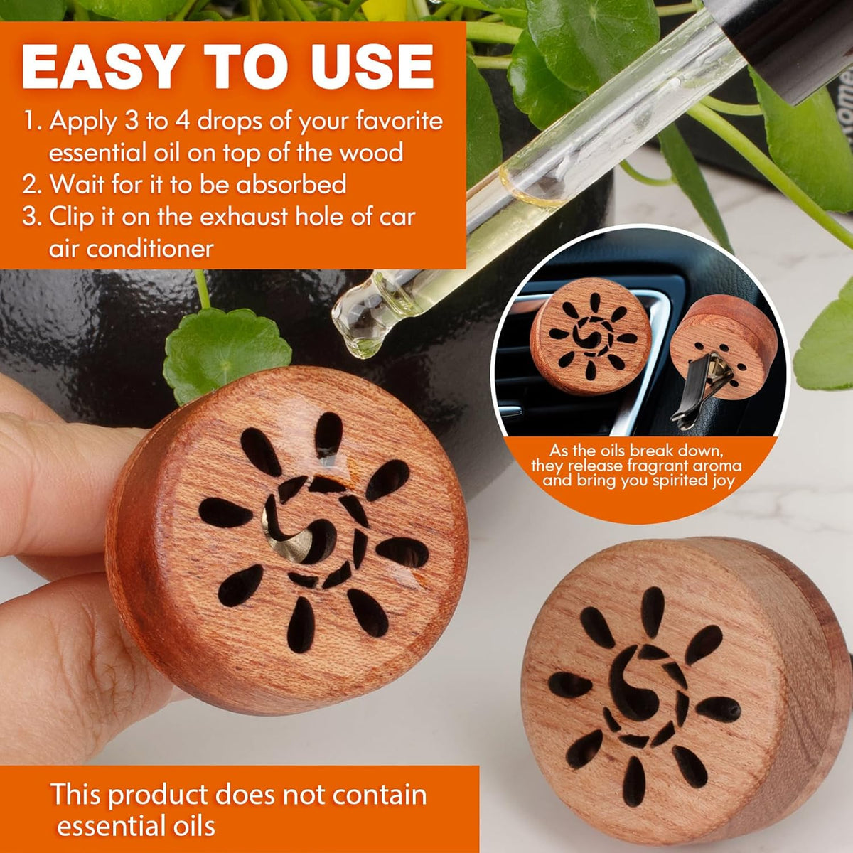 Essential Oil Car Diffuser, 2 PCS Car Aromatherapy Wood Diffuser with Vent Clip