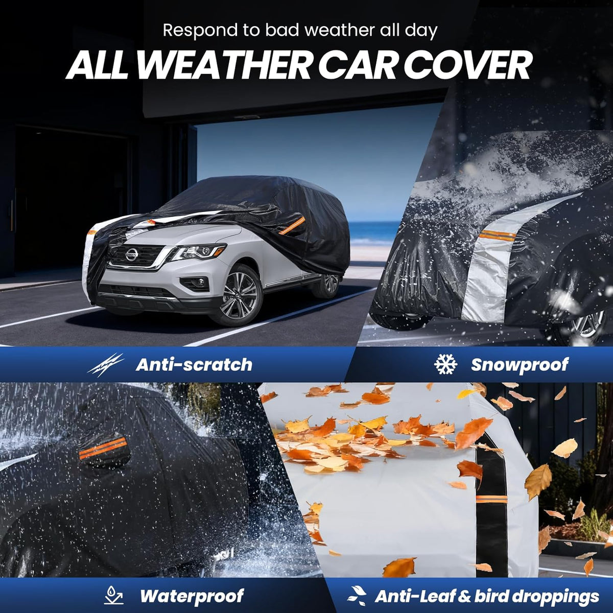 Large SUV Car Cover for Chevy Suburban 100% Waterproof All Weather, Heavy Duty Outdoor Full Exterior Covers Rain Sun Wind UV Protection. - Colors B
