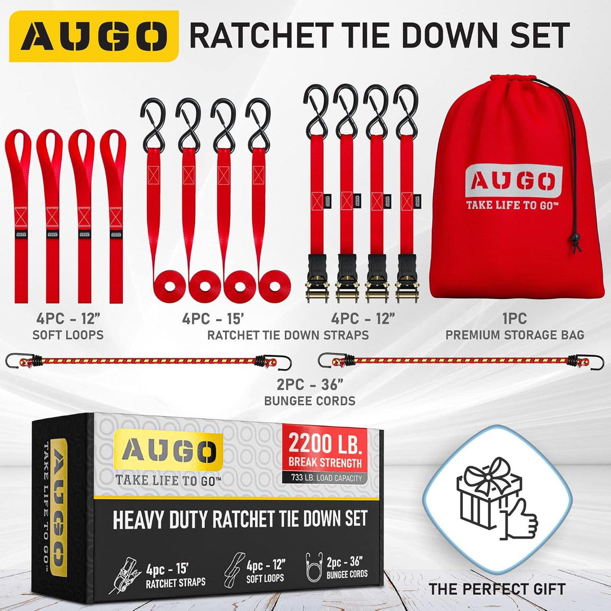 AUGO Ratchet Straps Heavy Duty 4 Pack -15 FT - 2200 LB Break Strength – with Safety Lock S Hooks - Cargo Straps for Moving, Appliances, Motorcycle – Soft Loop Tie Down Straps