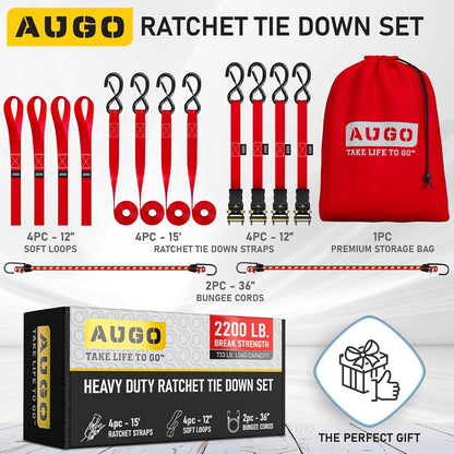 AUGO Ratchet Straps Heavy Duty 4 Pack -15 FT - 2200 LB Break Strength – with Safety Lock S Hooks - Cargo Straps for Moving, Appliances, Motorcycle – Soft Loop Tie Down Straps