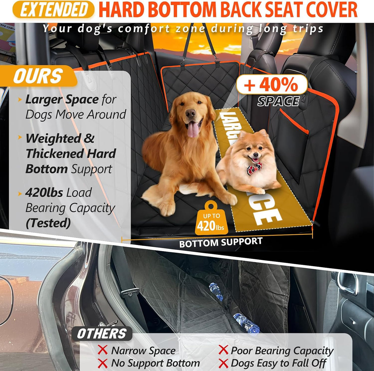 Back Seat Extender for Dogs-Large Space, Dog Car Seat Cover Hard Bottom Holds 420lbs, Sturdy Backseat Extender for Dogs,Upgraded Waterproof Pet Car Bed Dog Hammock for Car, SUV,Truck, Black