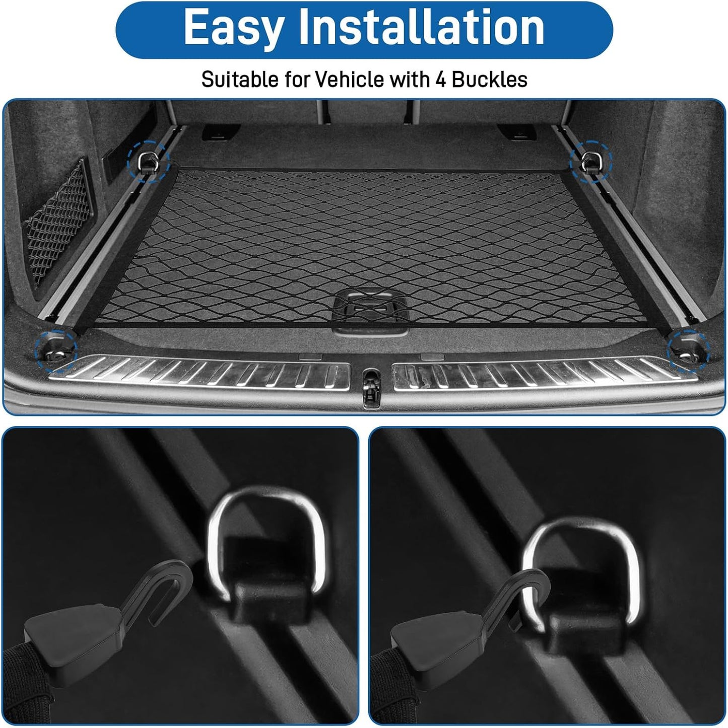 Cargo Net 60×40cm, Car Trunk Net Elastic Nylon Baggage, Car Trunk Net with 4 Hooks, Storage Organizer Car Net for Car Boot Vehicle Van SUV(Black)