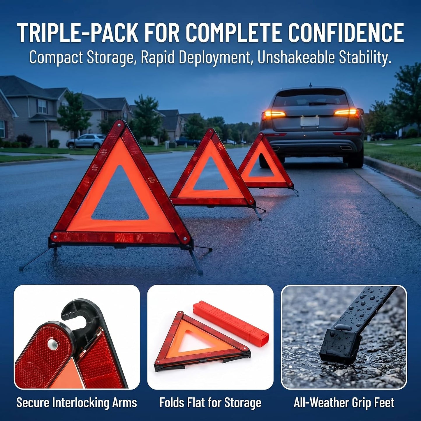 Fasmov 3 Pack Emergency Warning Triangle Kit, High Visibility Reflective Safety Triangle, Road Emergency Reflector for All Vehicles & Cars