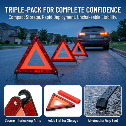 Fasmov 3 Pack Emergency Warning Triangle Kit, High Visibility Reflective Safety Triangle, Road Emergency Reflector for All Vehicles & Cars