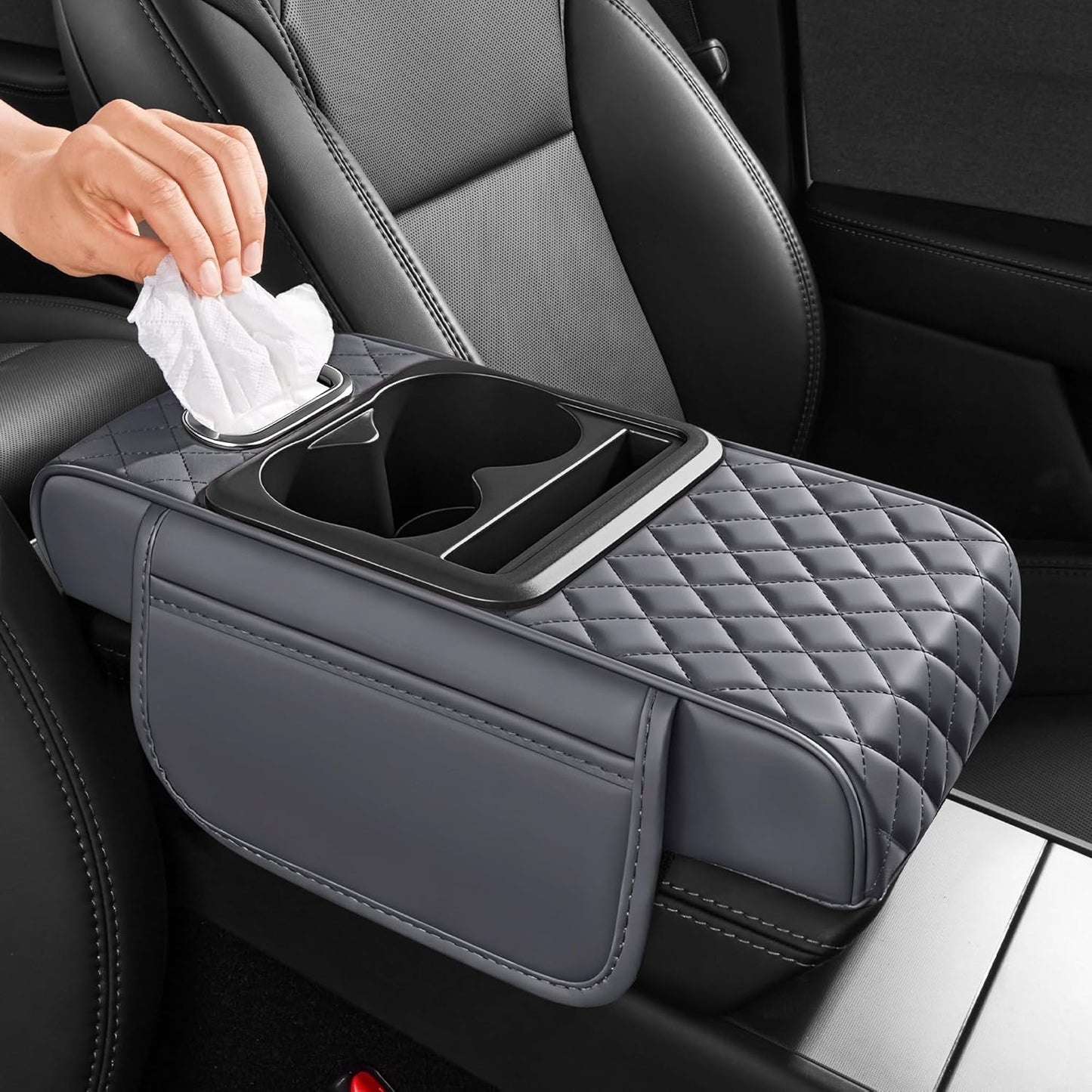 5 in 1 Car Center Console Cover, Armrest Pad with 2 Storage Pockets, Cup Holder, Tissue Slot, Phone Holder, Nappa Leather Memory Foam Car Accessories for SUV Sedan Truck (Black)