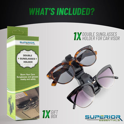 Superior Essentials Sunglass Holder for Car Visor - Eyeglass Car Mount with Double-Ends Sunglasses Holder Organizer, Universal Car Sunglass Holder Clip, Suitable for All Size Eyeglasses (2 Pack Black