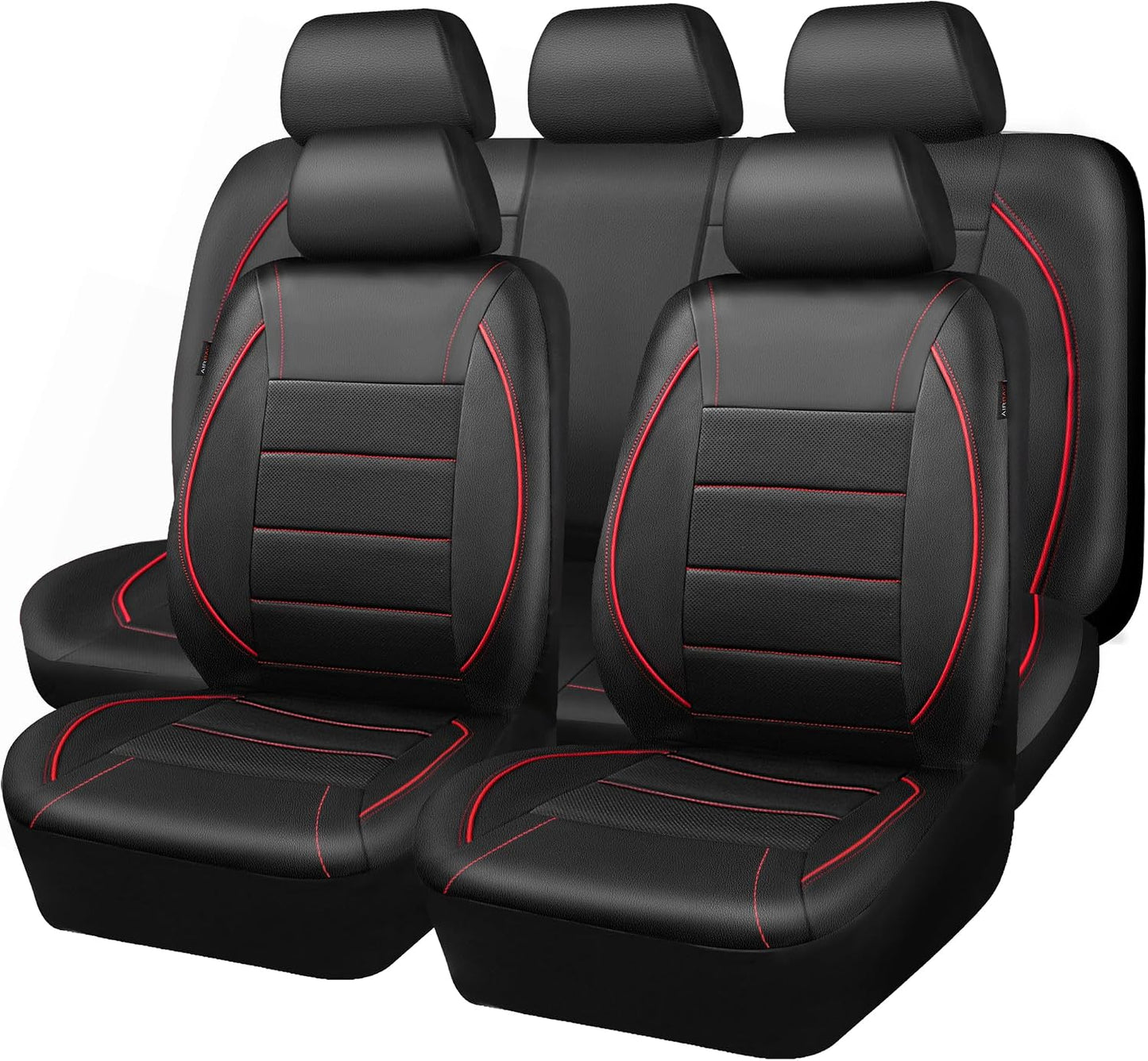 CAR PASS Universal FIT Piping Leather Two Front Seat Covers, Waterproof Faux Leather for SUV Sedan Van Truck, Airbag Compatible,Reserved Opening Holes for Headrest Covers. (Black red)