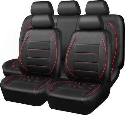 CAR PASS Universal FIT Piping Leather Two Front Seat Covers, Waterproof Faux Leather for SUV Sedan Van Truck, Airbag Compatible,Reserved Opening Holes for Headrest Covers. (Black red)