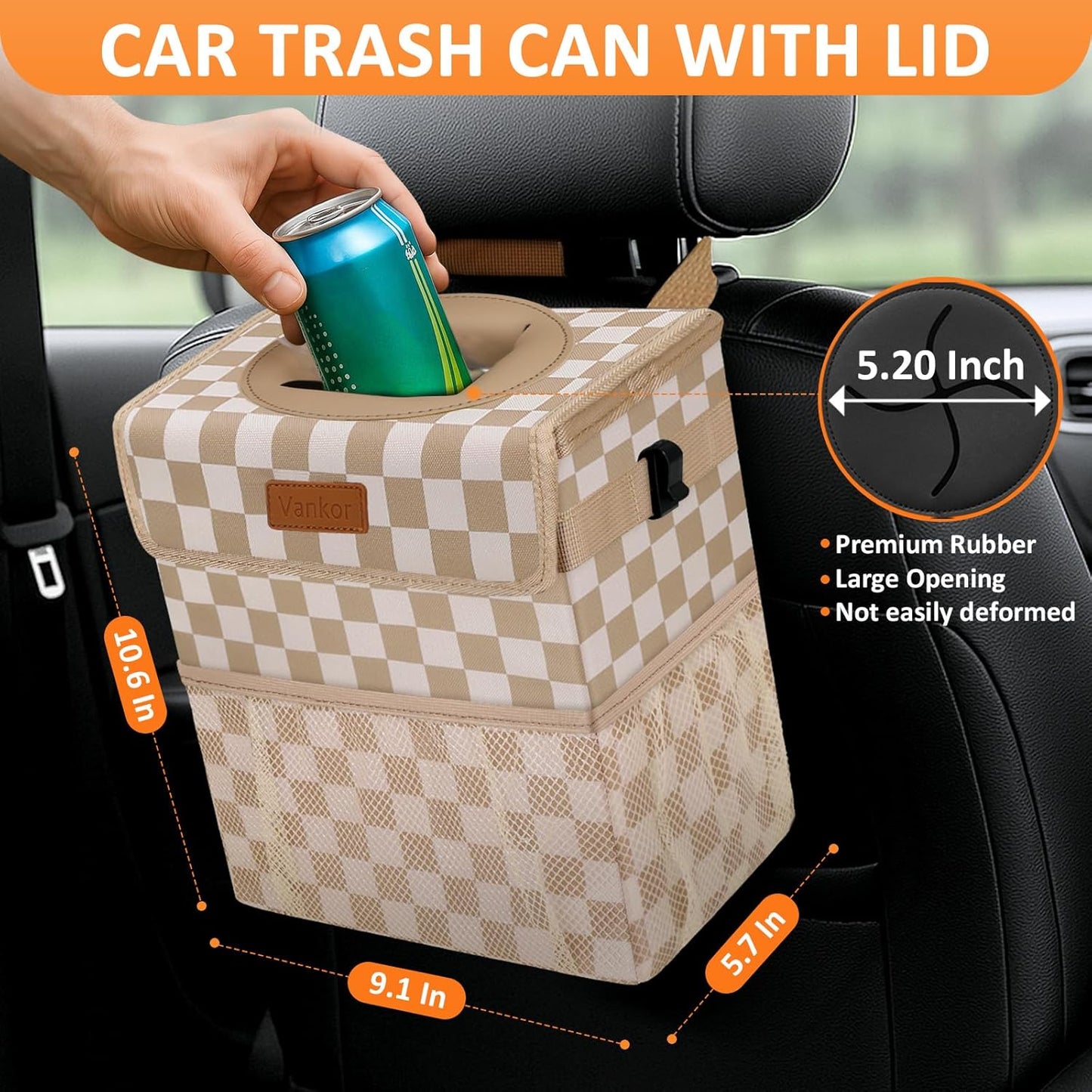 Vankor Car Trash Can Bin with Lid Hanging for Back Seat, Car Accessories for Women Men Leak Proof Automotive Garbage Cans Leakproof Vehicle Trash Can for Truck SUV Black