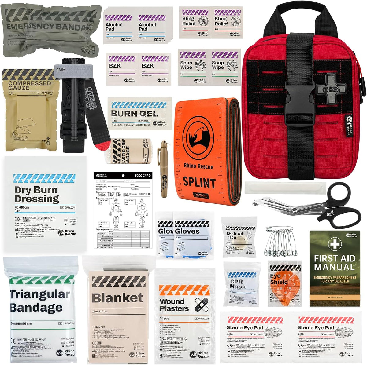 RHINO RESCUE IFAK Trauma Kit with C-A-T Tourniquet for Wound Care, Tactical First Aid Kit Molle Pouch for Military, Combat, Car, Camping, Hiking, Travel (Black)