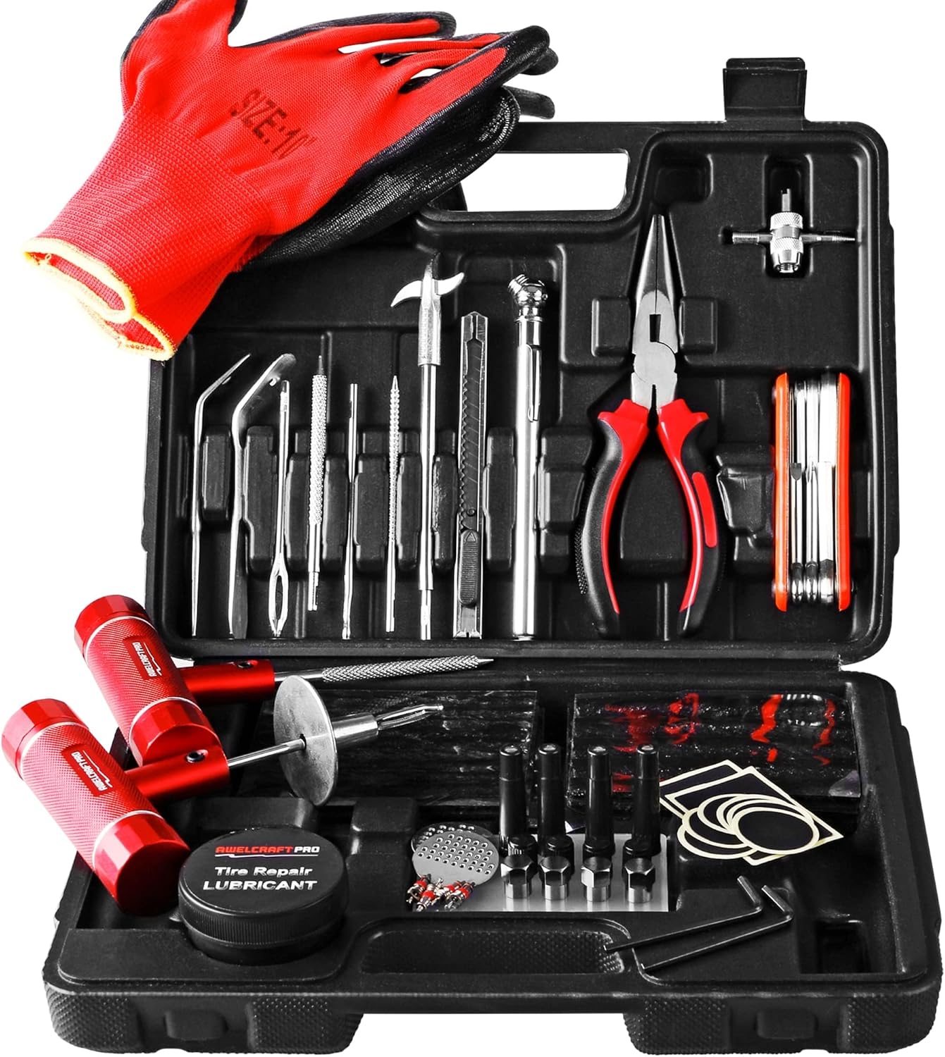 AWELCRAFT 10-Piece Economical Tire Repair Kit – Flat Tire Plug Kit with T-Handle Tools, Storage Case – Fix Punctures Fast, No Tire Removal Needed – Ideal for Car, Truck, Motorcycle, ATV