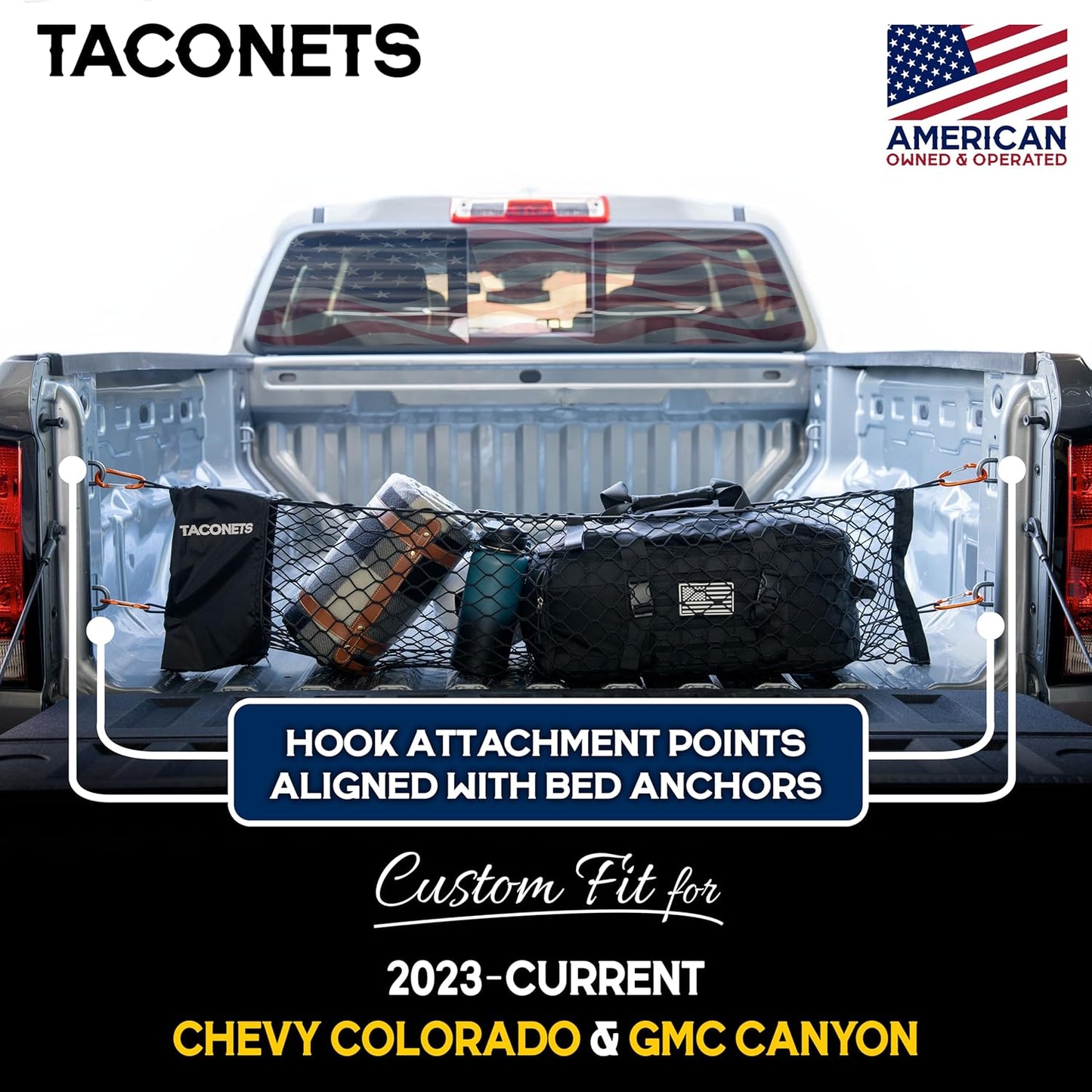 TacoNets Envelope Cargo Net for GMC Sierra & Chevy Silverado - Fits 2013-Current - Upgraded 5mm Bungee - Integrated Storage Bag - Heavy Duty Carabiners - Designed in USA