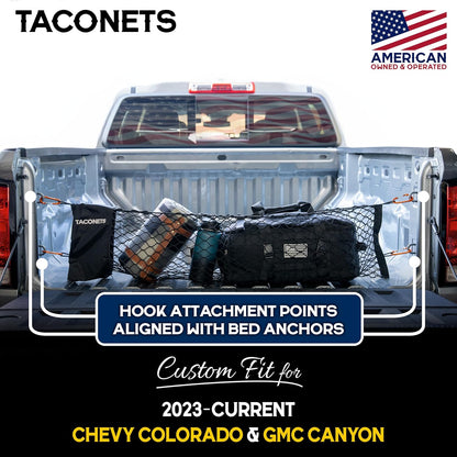TacoNets Envelope Cargo Net for GMC Sierra & Chevy Silverado - Fits 2013-Current - Upgraded 5mm Bungee - Integrated Storage Bag - Heavy Duty Carabiners - Designed in USA