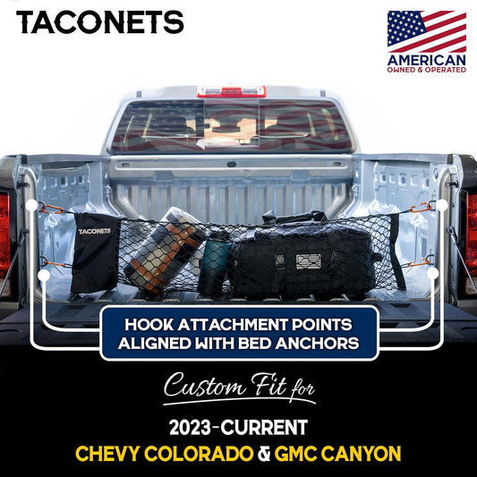 TacoNets Envelope Cargo Net for GMC Sierra & Chevy Silverado - Fits 2013-Current - Upgraded 5mm Bungee - Integrated Storage Bag - Heavy Duty Carabiners - Designed in USA