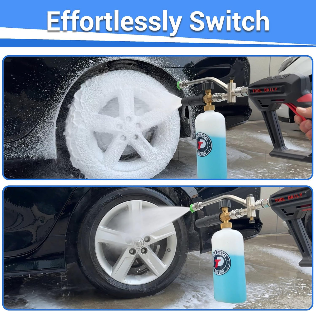 Tool Daily Short Pressure Washer Gun with Foam Cannon, 1/4 Inch Quick Connector, with 5 Pressure Washer Nozzle Tips, 1 Liter