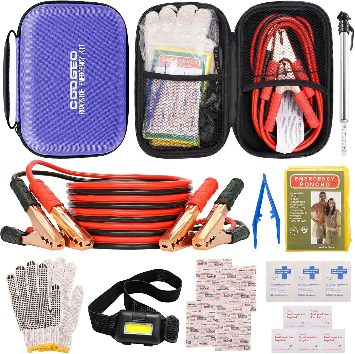Car Roadside Emergency Kit with Battery Jumper Cables,Car Accessories for Men or Women,Automotive Safety Kit for Car,Vehicle, Truck or SUV,Gifts for Men or Him,Green