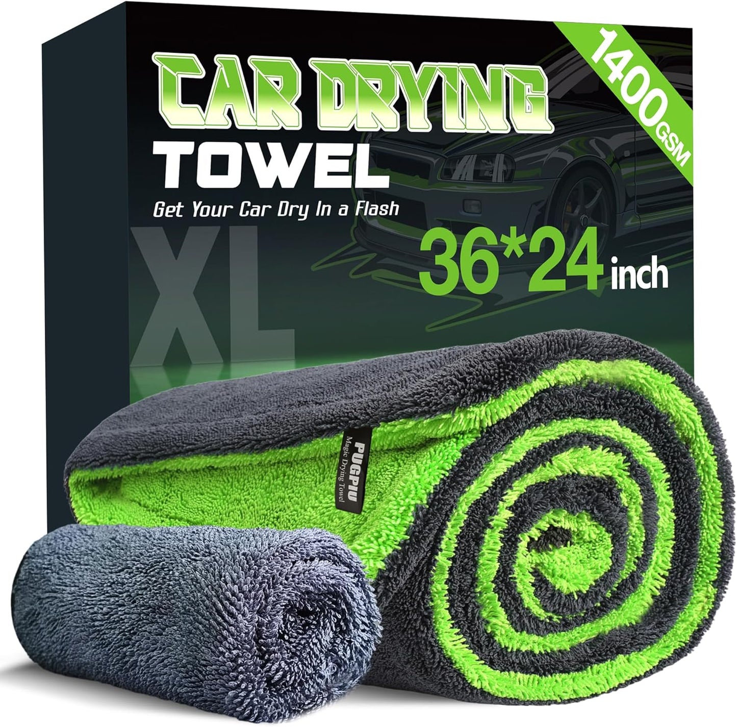 PUGPIU Microfiber Car Drying Towel Extra Large Super Absorbent 48"X24", 1400 GSM Flash Detail Car Wash Drying Towel Edgeless with Two Sided Soft Twisted-Loop, No Water Spots Streaks for Cars (Green)