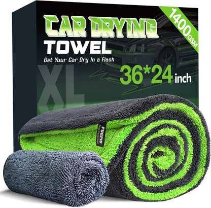 PUGPIU Microfiber Car Drying Towel Extra Large Super Absorbent 48"X24", 1400 GSM Flash Detail Car Wash Drying Towel Edgeless with Two Sided Soft Twisted-Loop, No Water Spots Streaks for Cars (Green)