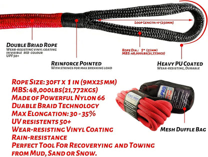 KING-PRO Kinetic Recovery Rope 1“x30' Towing Rope 48,000lbs Breaking Strength 100% Nylon Made Heavy Duty Offroad Snatch Strap 30% Elasticity for Full-Size Truck Large SUVs Offroad Vehicels (Red)