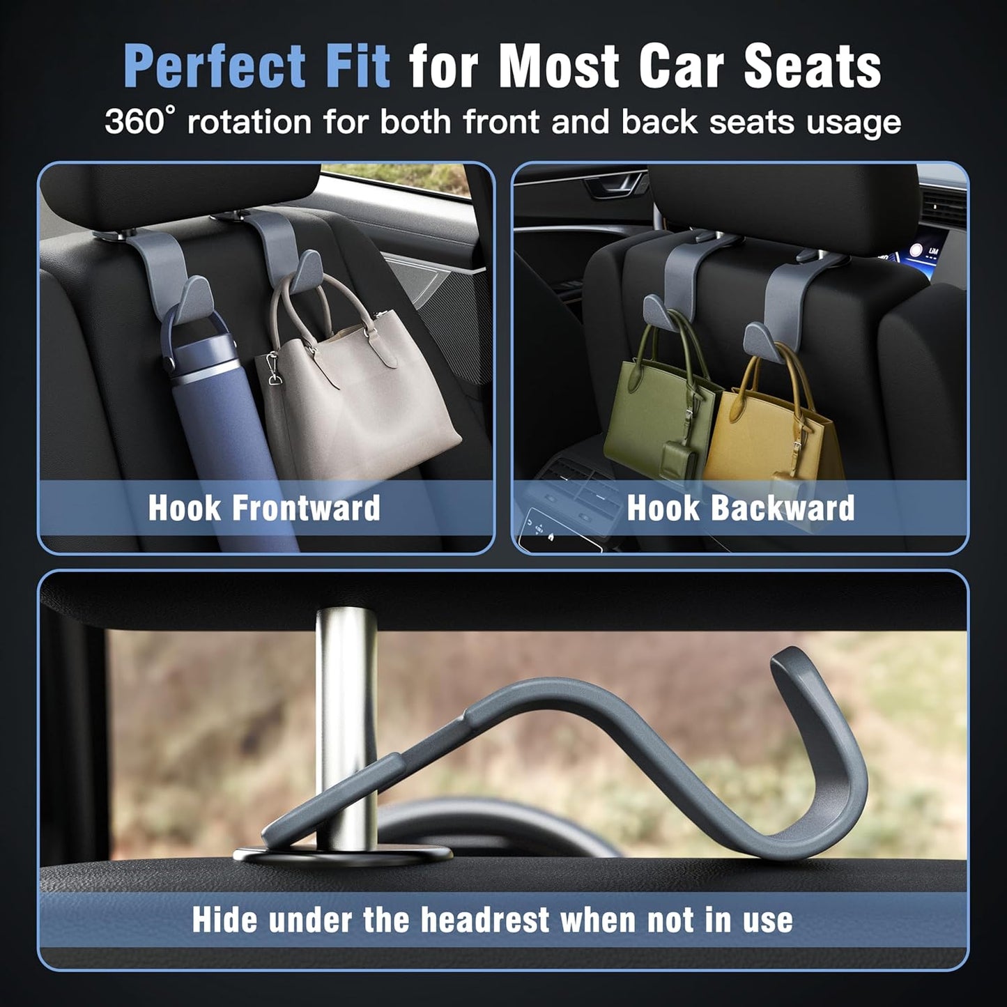 Amooca 4-Pack Car Headrest Hooks Vehicle Storage Organizer for Purses Handbags Groceries Backpack Coats –Holds 55lbs 360° Rotating Black