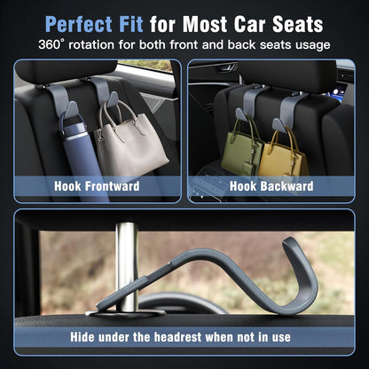 Amooca 4-Pack Car Headrest Hooks Vehicle Storage Organizer for Purses Handbags Groceries Backpack Coats –Holds 55lbs 360° Rotating Black