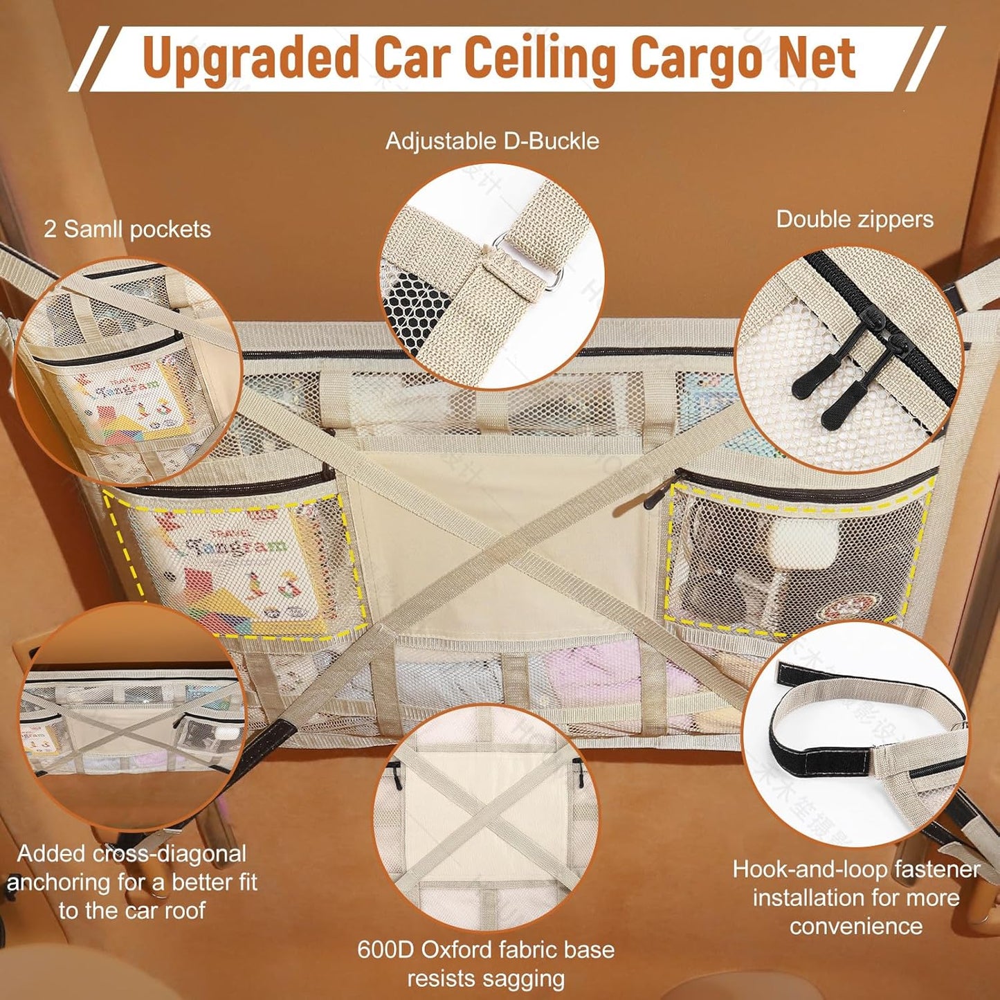 Car Ceiling Cargo Net with 2 Pockets,31.5"x21.6" Overhead Storage Mesh Organizer for SUV and Mini Van,Double Car Net for Road Trip Essentials,Camping Gear,Vehicle Roof Storage,Beige