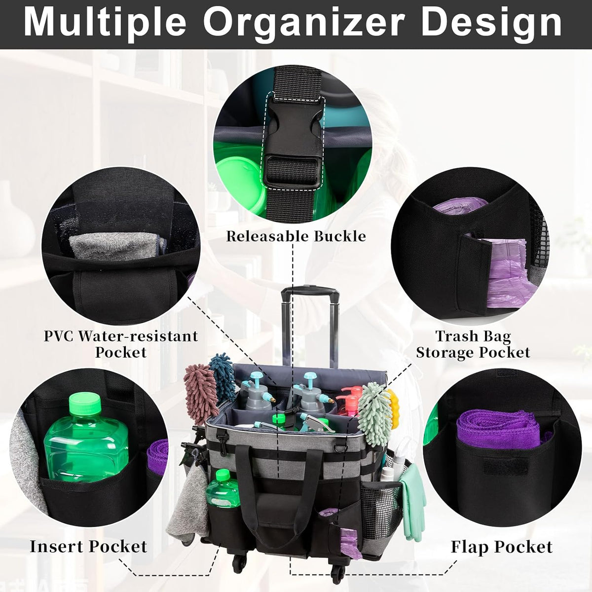 Wearable Large Cleaning Caddy Bag for Housekeeper, Clean Supply Organizer with Adjustable Shoulder, Waist & Handle Straps, Detailing Bag for Kitchen Supplies (Black)