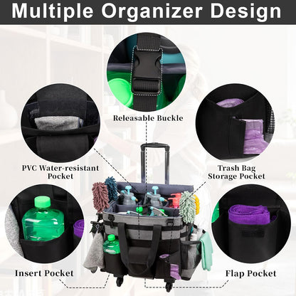 Wearable Large Cleaning Caddy Bag for Housekeeper, Clean Supply Organizer with Adjustable Shoulder, Waist & Handle Straps, Detailing Bag for Kitchen Supplies (Black)