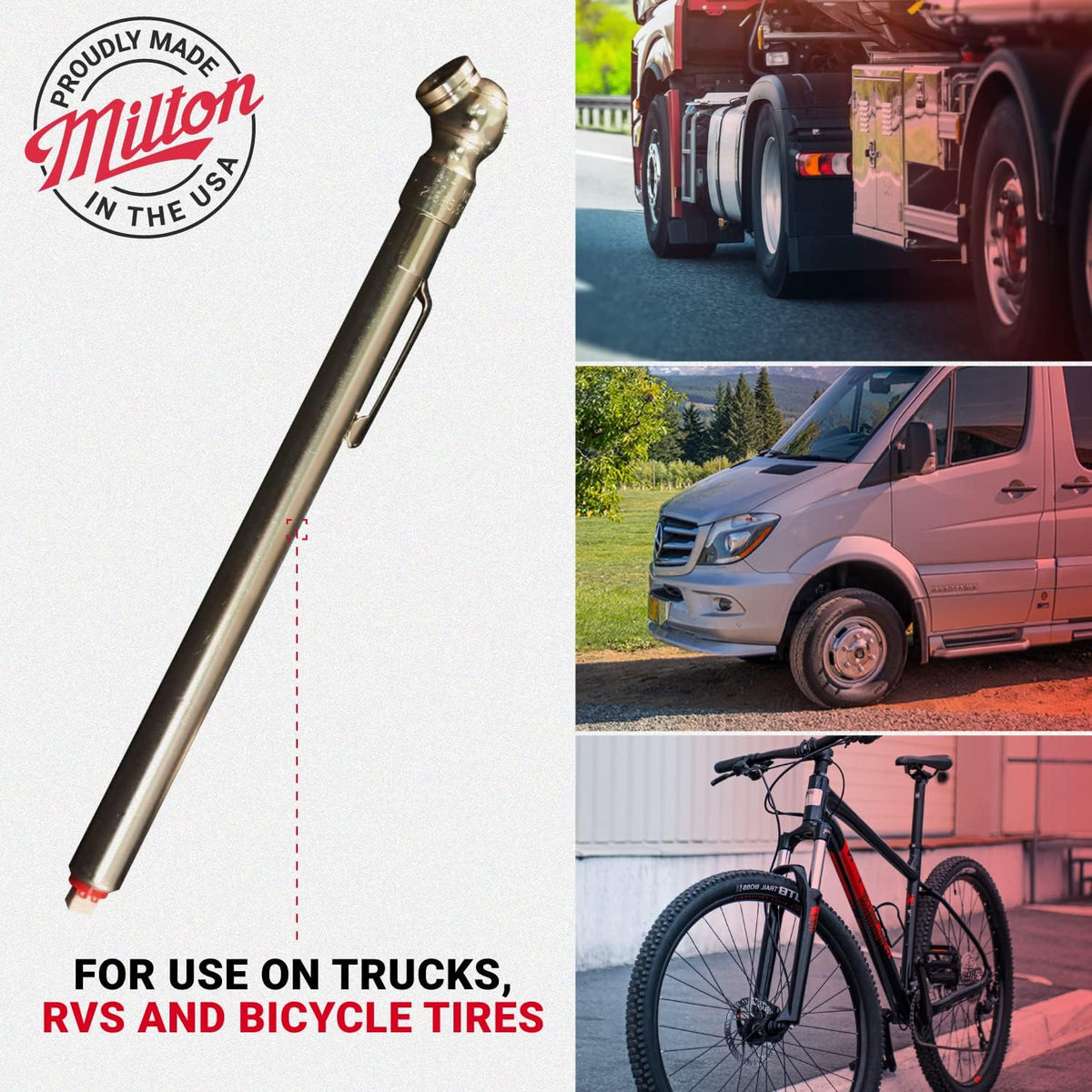 Milton S-925 Pencil Tire Pressure Gauge for Trucks, RV’s & Bicycle Tires, Single Head Chuck with Built-in Deflator Valve, Durable Plated Brass, Pressure Measured in PSI & kPa