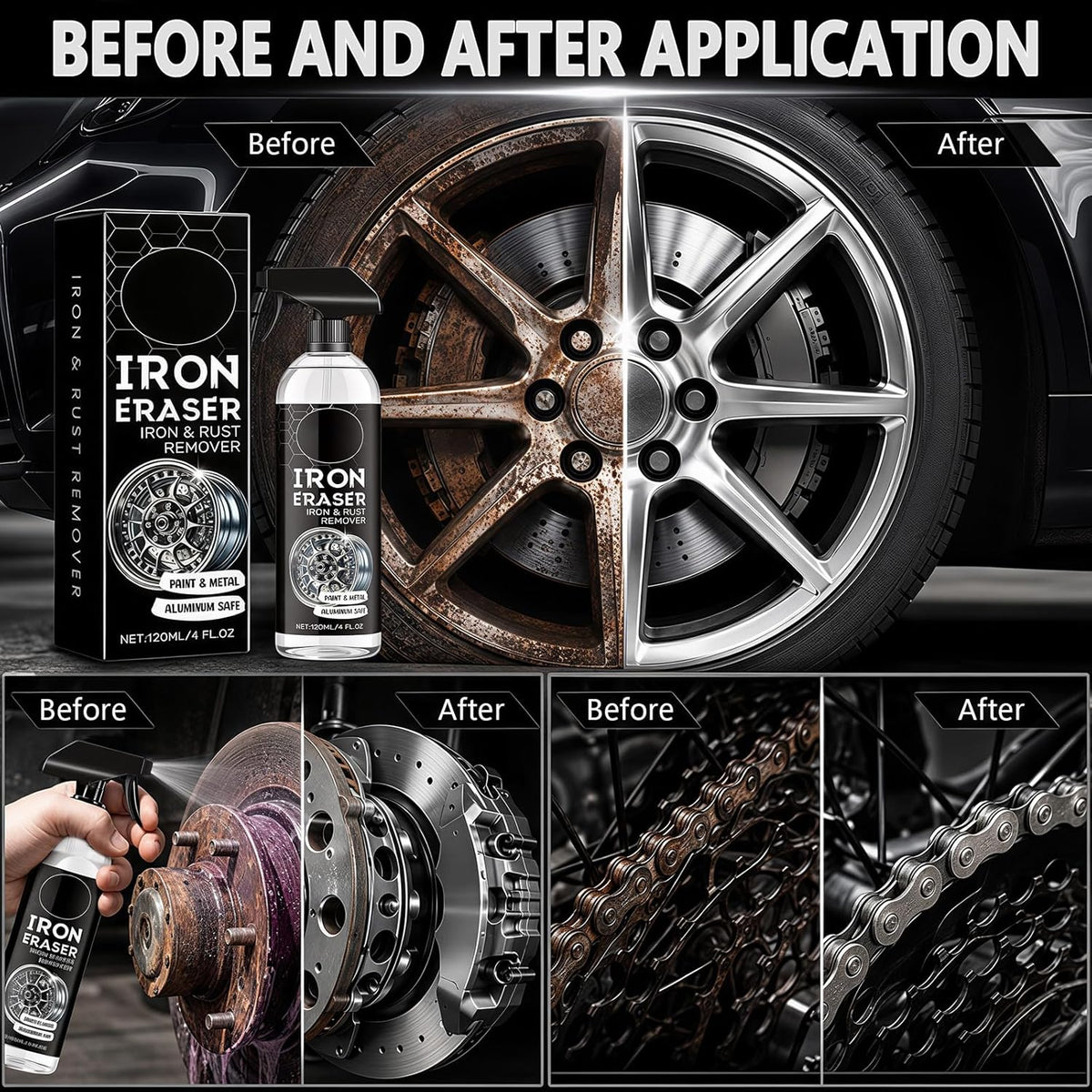 2PCS Iron Eraser Rust Remover Spray, Iron Powder Remover Spray for Car Wheels and Paint Fast Acting Rust and Brake Dust Remover, New Upgraded Automotive Surface Cleaning