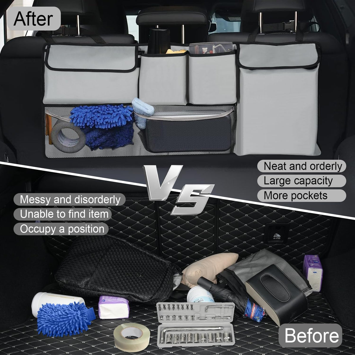 UYYE Trunk Hanging Organizer, Backseat Bag, Car Interior Accessories with 4 Pockets & 2 Mesh Pouches for Groceries, Will Provide More Storage Trunk Space for SUV, Jeep, MPVs