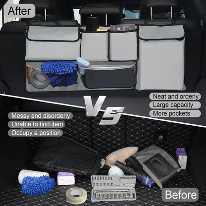 UYYE Trunk Hanging Organizer, Backseat Bag, Car Interior Accessories with 4 Pockets & 2 Mesh Pouches for Groceries, Will Provide More Storage Trunk Space for SUV, Jeep, MPVs