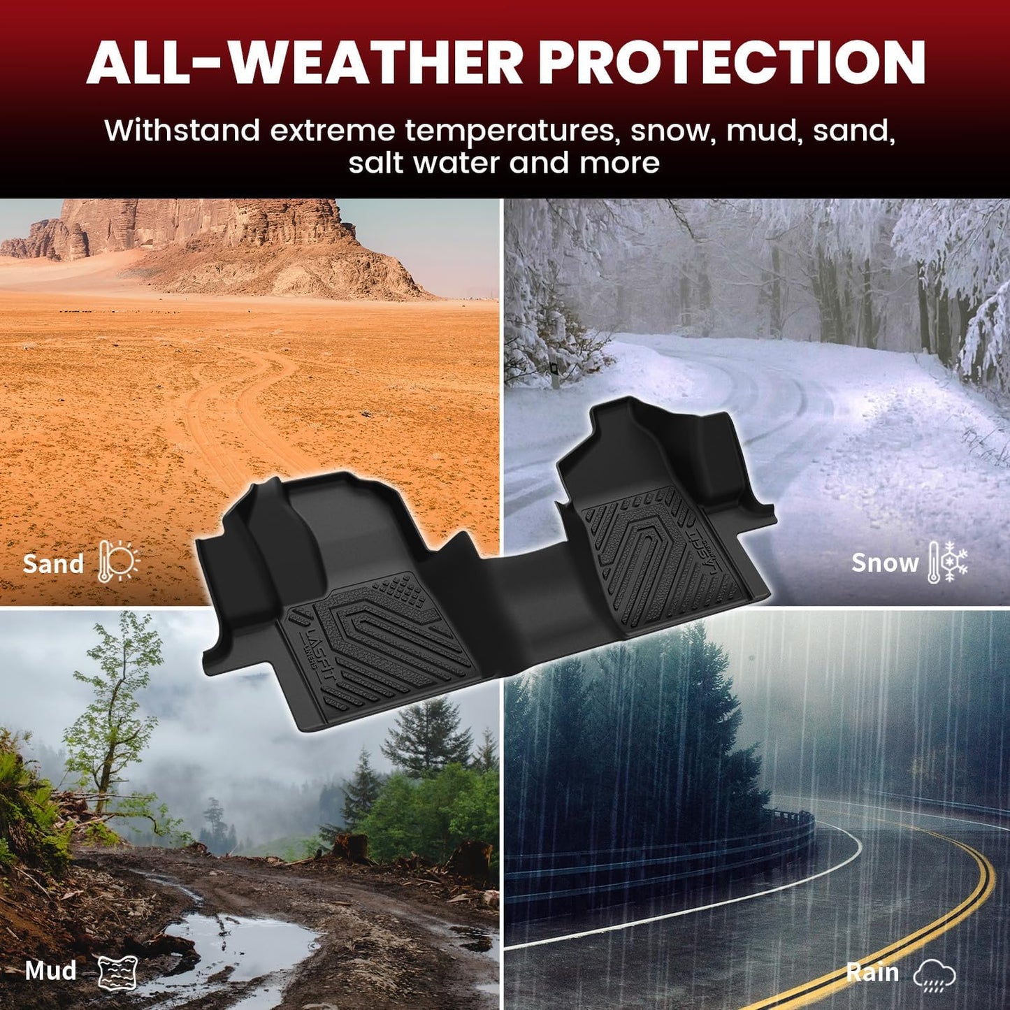LASFIT Floor Mats for Ford F-150 2021-2026 | F150 Lightning 2022-2025 SuperCrew (Rear w/Fold Flat Storage) Carpet Floor All Weather Car Liners TPE Truck Mats - 1st and 2nd Row, 3pcs Black
