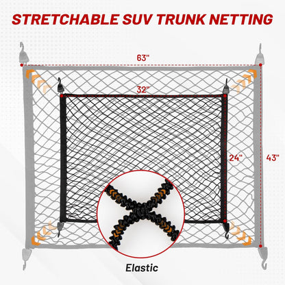 RED WOLF Elastic Cargo Net for SUV Rear Trunk Bed Netting Cover Net Stretchable Mesh Organizer 32" x 24" Stretch to 63"x43" with Fixing Hooks D-Rings Luggage Cover