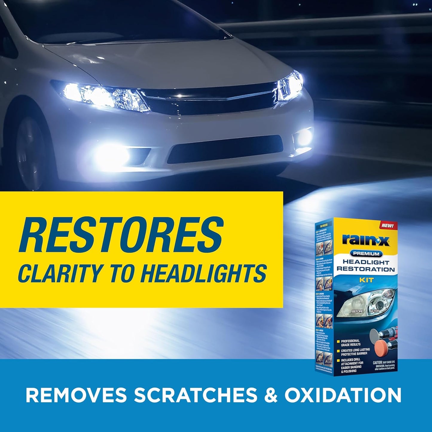 Rain-X 610153 Headlight Restoration Kit - Car Light Lens Cleaner/Restorer with Sanding & Polishing Drill Attachments & Sealant Wipe, Removes Scratches & Oxidation- All in 1 Long Lasting Formula