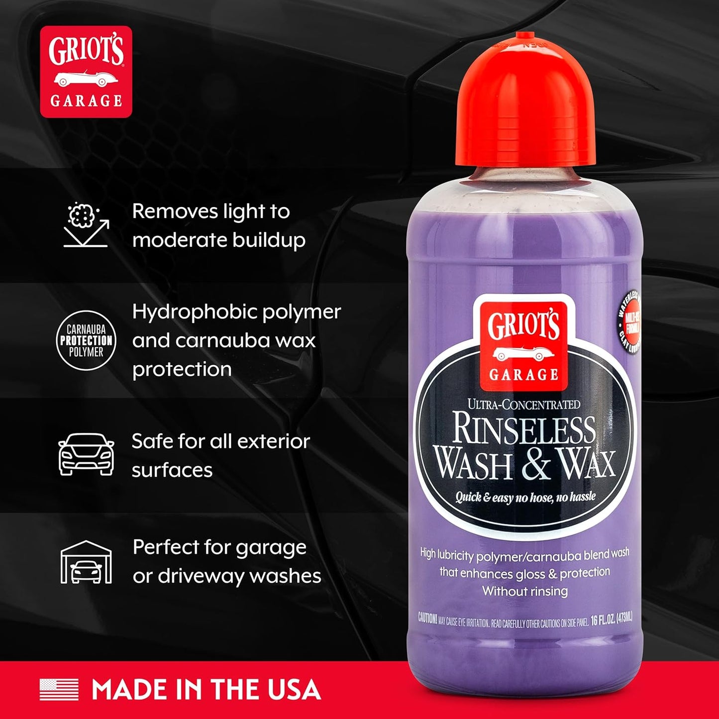 Griot's Garage Rinseless Wash and Wax for Car Cleaning and Detailing, No-Rinse, Waterless Formula For RVs, Boats, Trucks, Motorcycles and More, 10493, 16oz