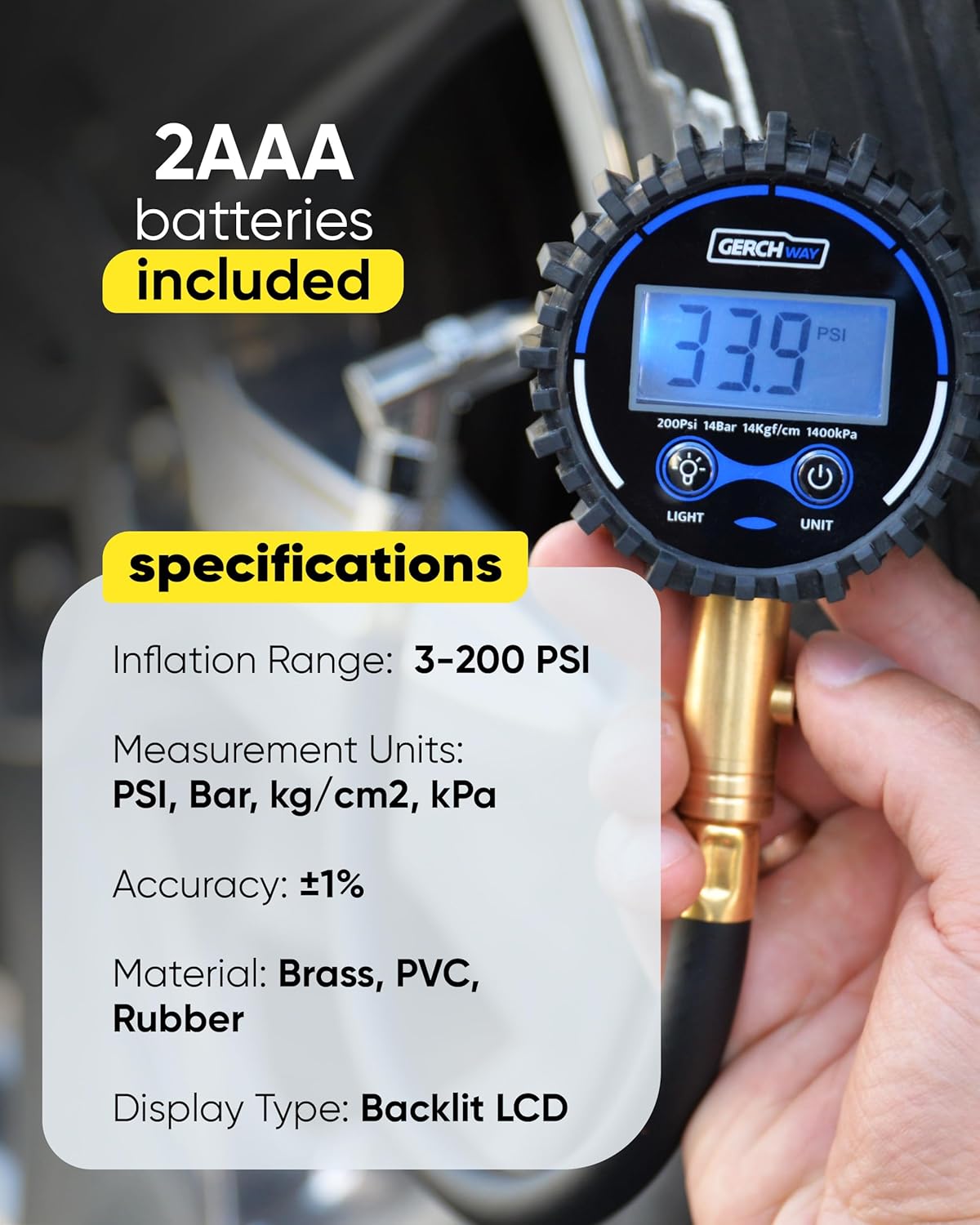GERCHWAY Digital Tire Pressure Gauge for Cars - Accurate Air Pressure Gauge for Tires with 360° Swivel Chuck - 200 PSI