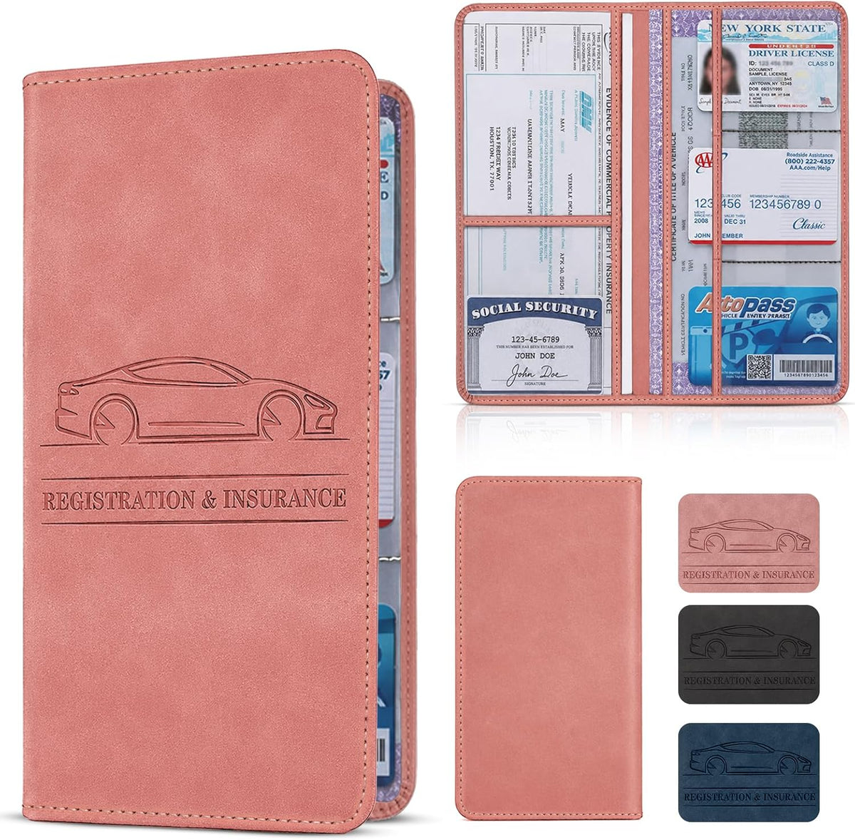 Car Registration and Insurance Card Holder, Magnetic Closure Leather Vehicle Document Organizer, Neat Stitched Glove Box Storage Case, Compact Lightweight Card Holder for Driver License - Black